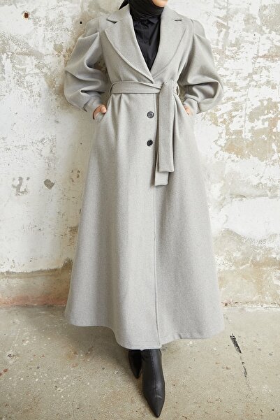 InStyle Šedý kašmírový kabát Diana s balonovými rukávy