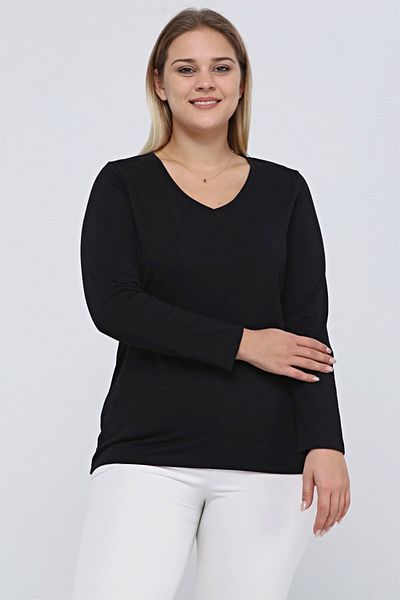 Seamoda Tricou casual cu mânecă lungă cu decolteu în V pentru femei de mărime mare-negru