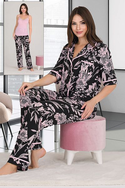 Jenny Daphne Σετ πιτζάμα 3 τεμαχίων Lady Flower Printed Viscose, κοντομάνικο πουκάμισο και λουράκι 20001