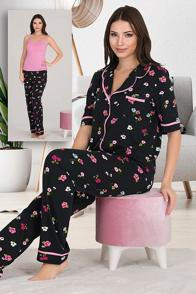 Jenny Daphne Σετ πιτζάμες Lady Floral Viscose από ύφασμα με κοντομάνικο πουκάμισο και λουράκι 3 τεμαχίων 20003