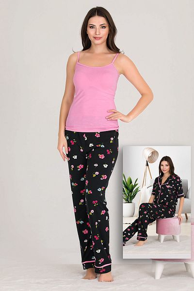 Jenny Daphne Σετ πιτζάμες Lady Floral Viscose από ύφασμα με κοντομάνικο πουκάμισο και λουράκι 3 τεμαχίων 20003