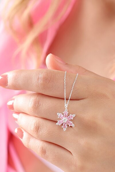 KAR DİAMOND Kadın 925 Ayar Gümüş Zincirli Pembe Taşlı Kamelya Sevgi Çiçeği Lo...