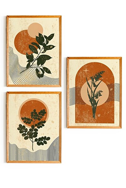 NT Handmade 3 Parça Ahşap Çerçeve Görünümlü Retro Yaprak Duvar Dekoru - Salon Mutfak Yatak Odası Için Tablo Seti