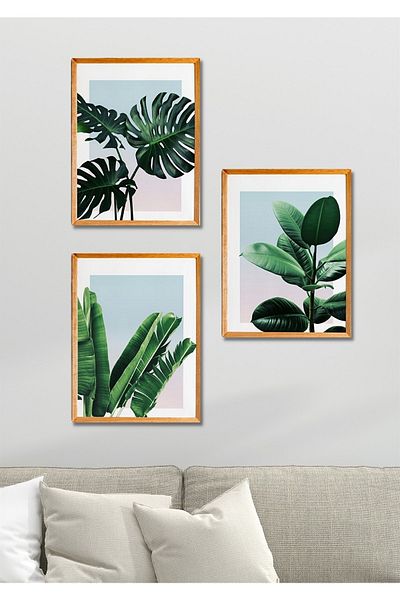 NT Handmade 3 bucăți de decor de perete cu frunze verzi cu aspect de cadru din lemn