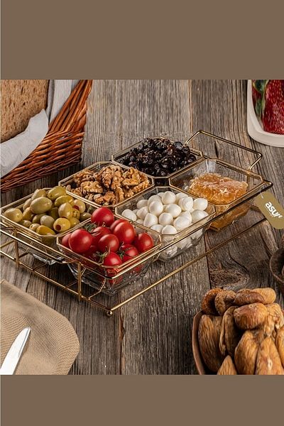 ASYA BAZAAR 6 Compartment Gold Stand Breakfast Serving Bowl