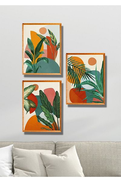 NT Handmade 3 bucăți cadru din lemn aspect frunze tropicale decor de perete pictură pentru sufragerie bucătărie dormitor