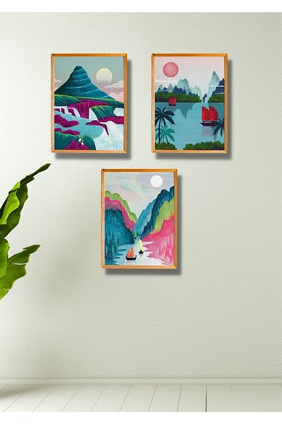 NT Handmade 3 Piece Wood Frame Look Sea Blue Wall Decor - Painting Set for Living Room Kitchen Bedroom