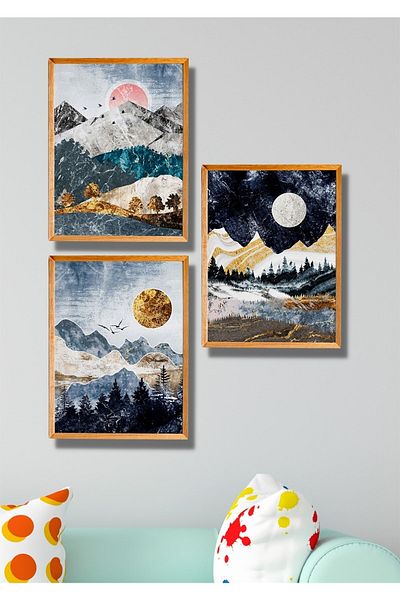 NT Handmade Set de pictură pentru decorarea peretelui prin satelit, 3 piese, cu aspect de cadru din lemn, vedere la munte, pentru dormitor