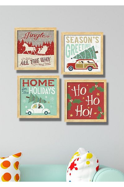 NT Handmade Set de pictură pentru decorarea peretelui cu tematică de Anul Nou, cu aspect de cadru din lemn, 4 piese, pentru sufragerie, dormitor, bucătărie