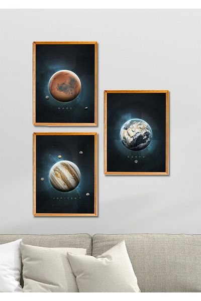 NT Handmade Decor de perete Planete cu aspect de cadru din lemn din 3 piese - Set de pictură pentru living, bucătărie, dormitor