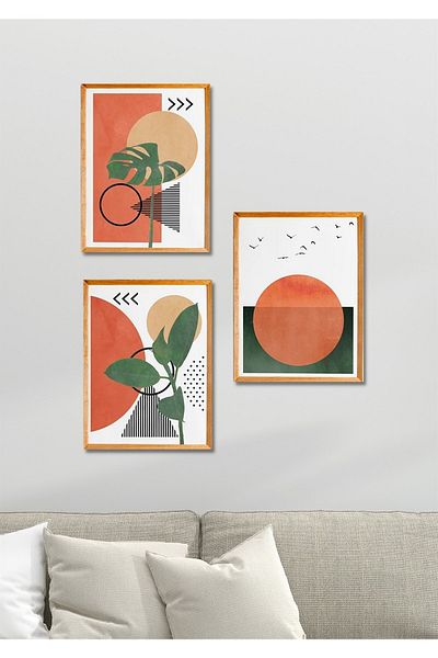 NT Handmade Set de pictură decorativă de perete cu frunze/pescăruși cu aspect de cadru din lemn din 3 piese pentru sufragerie, bucătărie, dormitor