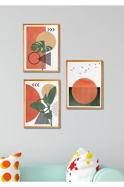 NT Handmade Set de pictură decorativă de perete cu frunze/pescăruși cu aspect de cadru din lemn din 3 piese pentru sufragerie, bucătărie, dormitor