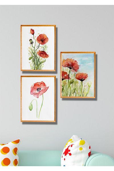 NT Handmade 3 Piese Cadru Din Lemn Aspect Decor Perete Flori Rosie - Pictura Pentru Sufragerie Bucatarie Dormitor