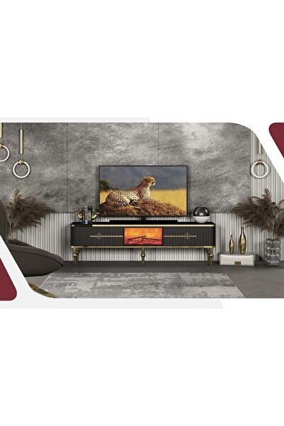 Pİ COLOR Asel Siyah Şömineli Tv Ünitesi