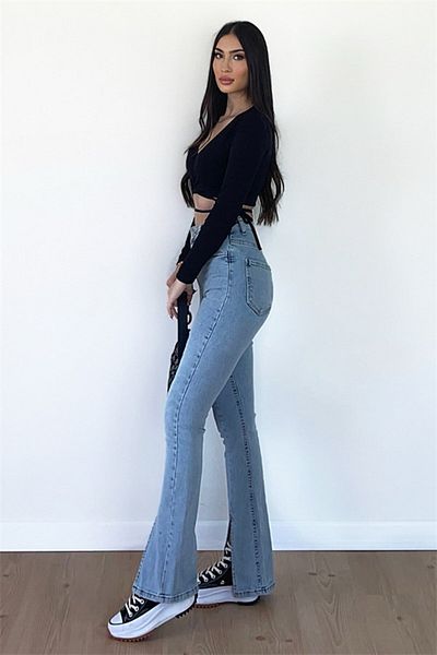 MAKRAS EXCLUSIVE Blugi albastri cu talie inalta Lycra picior evazat cu fantă in fata Blugi de damă -albastru