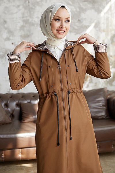 InStyle Burgundy Striped Pattern Long Trench Coat - Tan