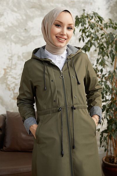 InStyle Burgundy Striped Pattern Long Trench Coat - Khaki
