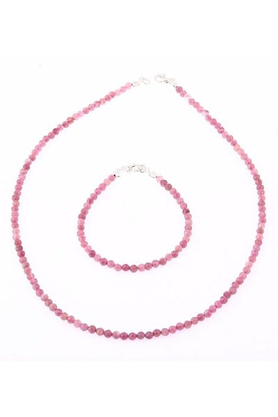 Safnaturel Certified Tourmaline Stone Natural Stone Necklace-bracelet Set-3-4mm Pink