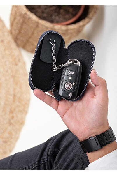 Niki Leather Hakiki Deri Lacivert Fermuarlı Ev Araba Anahtarlık