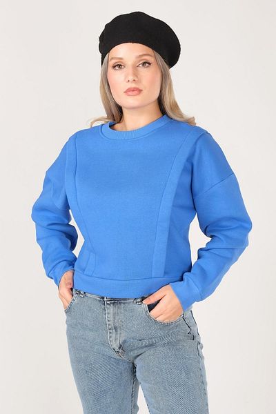 Giyim Dünyası Women's Crew Neck Crop Sweatshirt Saks Blue