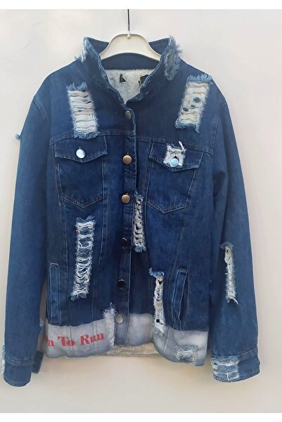 Hepsibitarz Kadın Mavi Jeans Kürklü Yırtıklı Tasarım Ceket