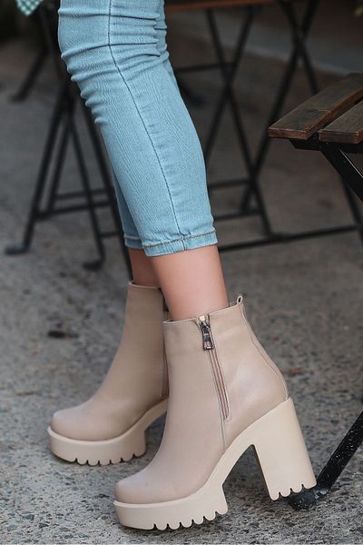 LEYDİ SHOES Γυναικείες μπότες με φερμουάρ Melani Platform Cream