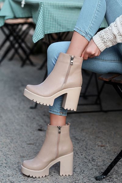 LEYDİ SHOES Γυναικείες μπότες με φερμουάρ Melani Platform Cream
