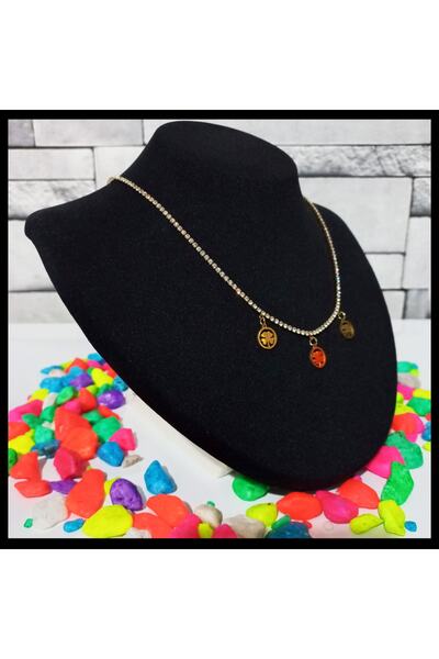FAMİLY Üçlü Yonca Temalı Zirkon Taşlı Su Yolu Model Gold Renk Paslanmaz Ve Kararmaz Çelik Kolye