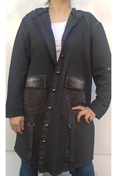 Hepsibitarz Kadın Siyah Tasarım Eskitmeli Taş Detaylı Kapüşonlu Trençkot