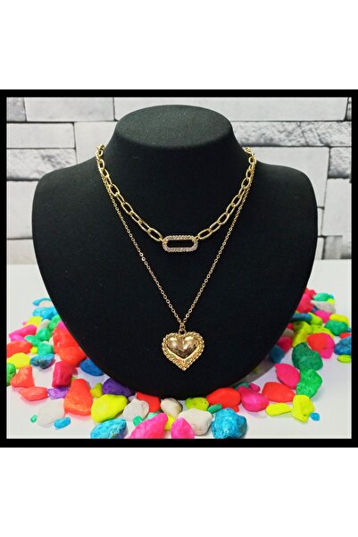 FAMİLY Kalp Temalı Zirkon Taşlı Çoklu Model Gold Renk Paslanmaz Ve Kararmaz Çelik Kolye