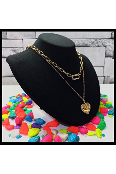 FAMİLY Kalp Temalı Zirkon Taşlı Çoklu Model Gold Renk Paslanmaz Ve Kararmaz Çelik Kolye