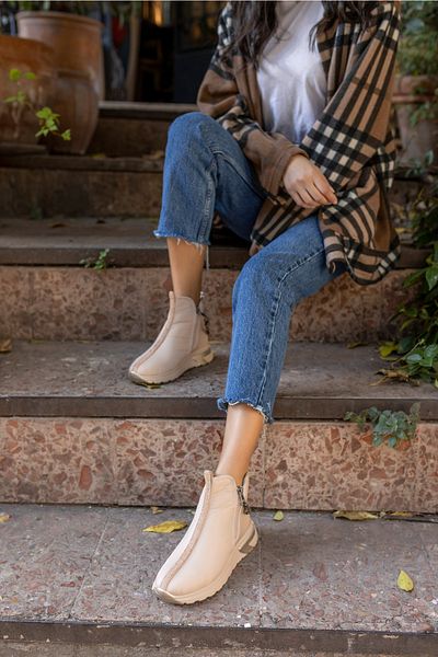 ANGELİNA JONES Barnes Women's Beige Stone Detailed Zippered Parasut Fabric Boots