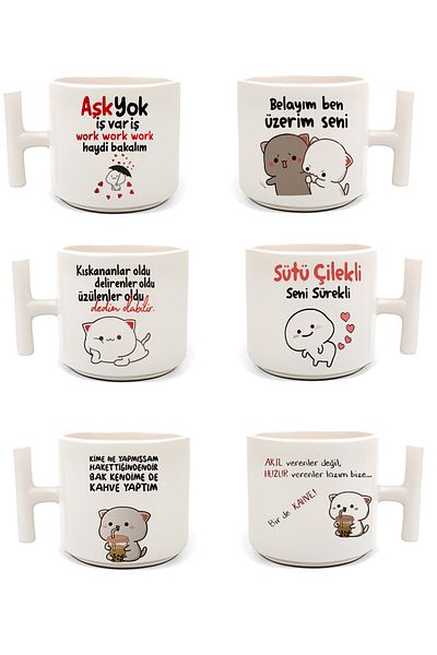 GünayStore Double Turkish Coffee Cup & Espresso Funny Motto 6-Piece T Handle 200 Ml 6 Pieces