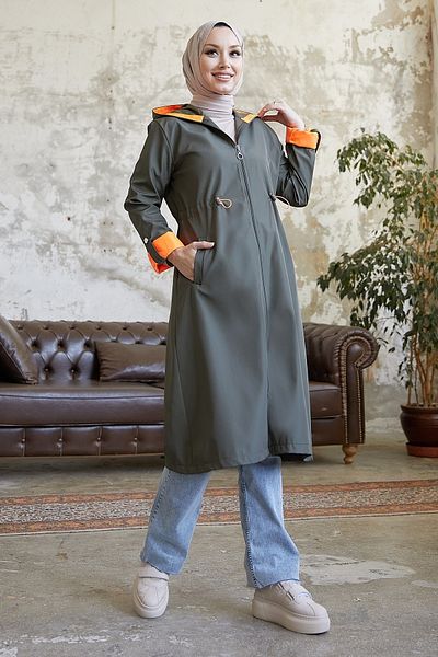 InStyle Trench cu glugă în talie cu șnur - Kaki \ Portocaliu