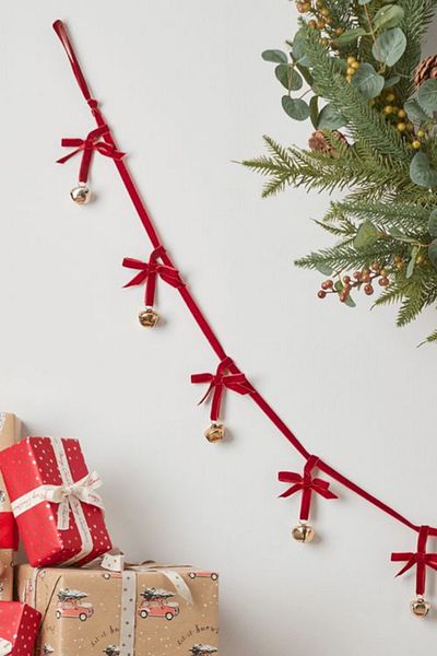 Beige & Stone New Year Velvet Ribbon Gold Bell Chain Christmas Pine Tree Ornament