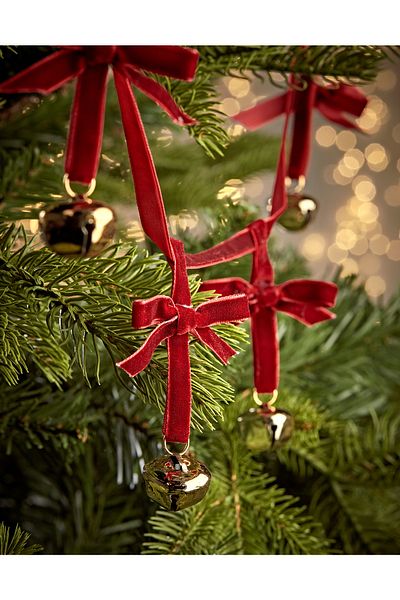 Beige & Stone New Year Velvet Ribbon Gold Bell Chain Christmas Pine Tree Ornament