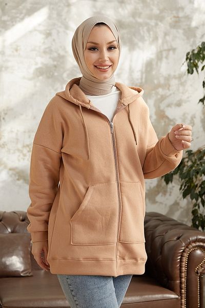 InStyle Alena Pocket Zippered Fleece Sweatshirt - Camel