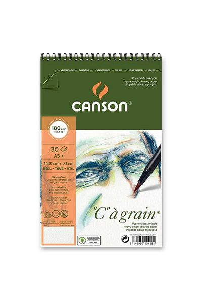 Canson Ca Grain Spiral Pad 180gr Natural White Spiral Drawing Block 30 Sheets A5 (14.9x21cm)