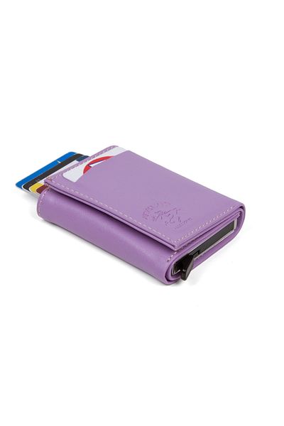 Newish Women's Lilac Vegan Leather Aluminum Mechanism Slide Card Holder Wallet (7X10 cm)