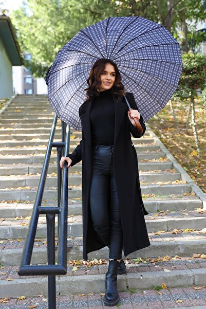 MACERATİ Kaliteli Koyu Mavi Desenli Kırılmaz Şemsiye Ahşap Sap 16 Telli Umbrella