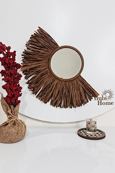 Bubihome Bohem Dekoratif Ayna Kahverengi Rafya Ayna