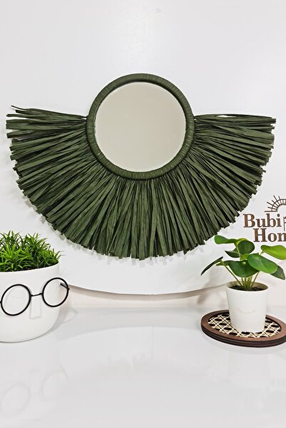 Bubihome Bohem Dekoratif Ayna Yeşil Rafya Ayna