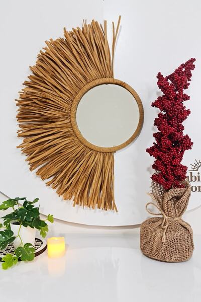 Bubihome Bohem Dekoratif Ayna Hardal Rafya Ayna