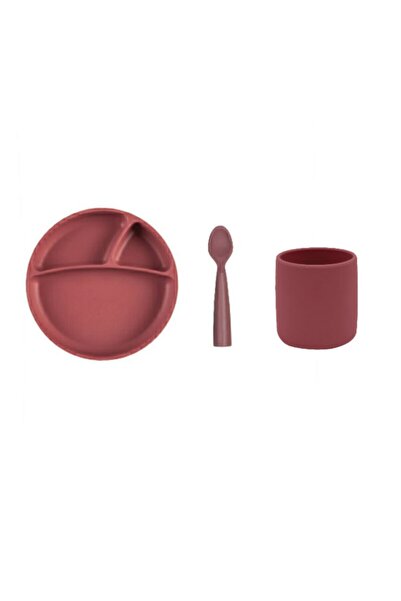 OiOi Bordo 3'lü Bordo Silikon Tabak + Bardak + Kaşık Silikon Yemek Seti
