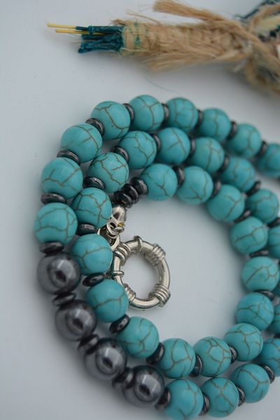 Stoneage Hematite And Turquoise Jewelled T Lock Healing Necklace Turquoise