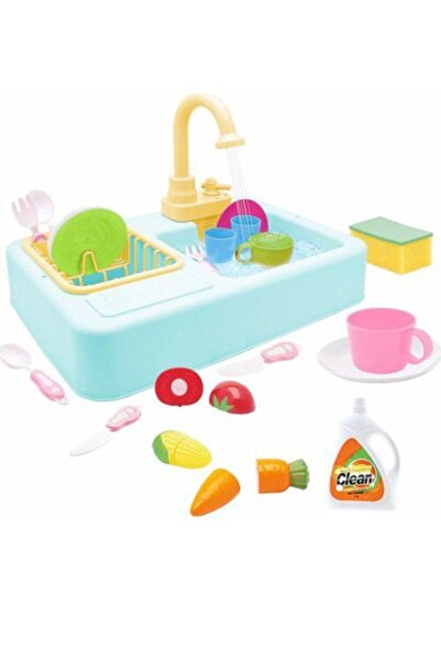 Kayyum Oyuncak Oyuncak Mutfak Çeşmeli Lavabo Set + Frozen Bulaşıklık + Tabaklar + Kesilebilen Meyve Set Depomiks