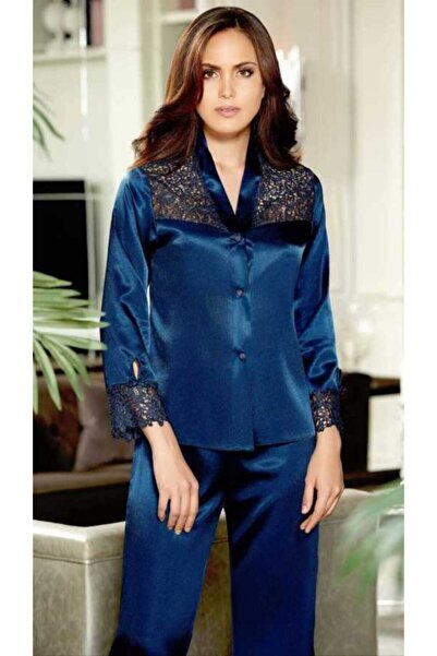 Jeremi Жіночий темно-синій шовковий атласний комплект з мереживною обробкою, шість предметів