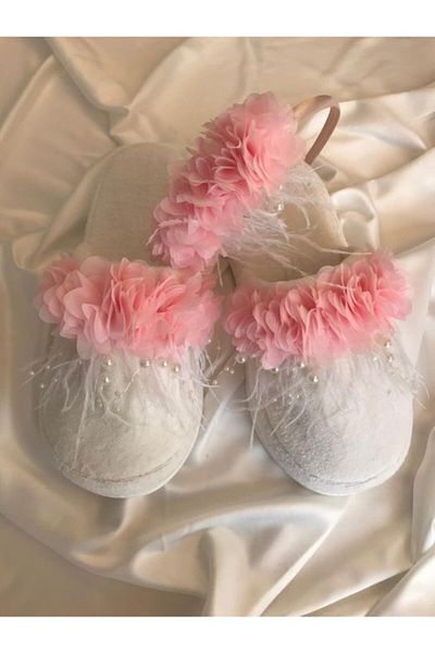 SÜSLÜTASARIM Women's Powder Pearl Flower Decorated Maternity Slippers Crown Set 1039 – Maternity Set – Maternity Set – Maternity