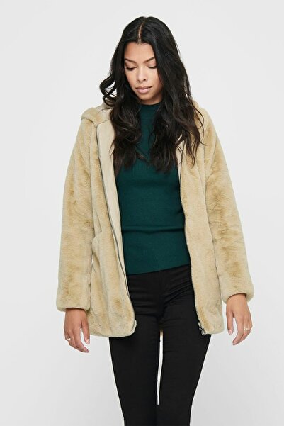 ONLY Women's Beige Hooded Faux Fur Coat 15205622