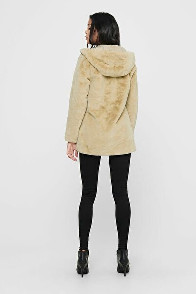 ONLY Women's Beige Hooded Faux Fur Coat 15205622